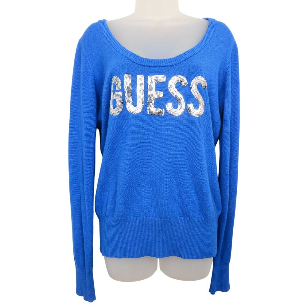 VTG Y2K GUESS size XL Cobalt Blue Scoop Neck Silver Sequin Long Sleeve Sweater